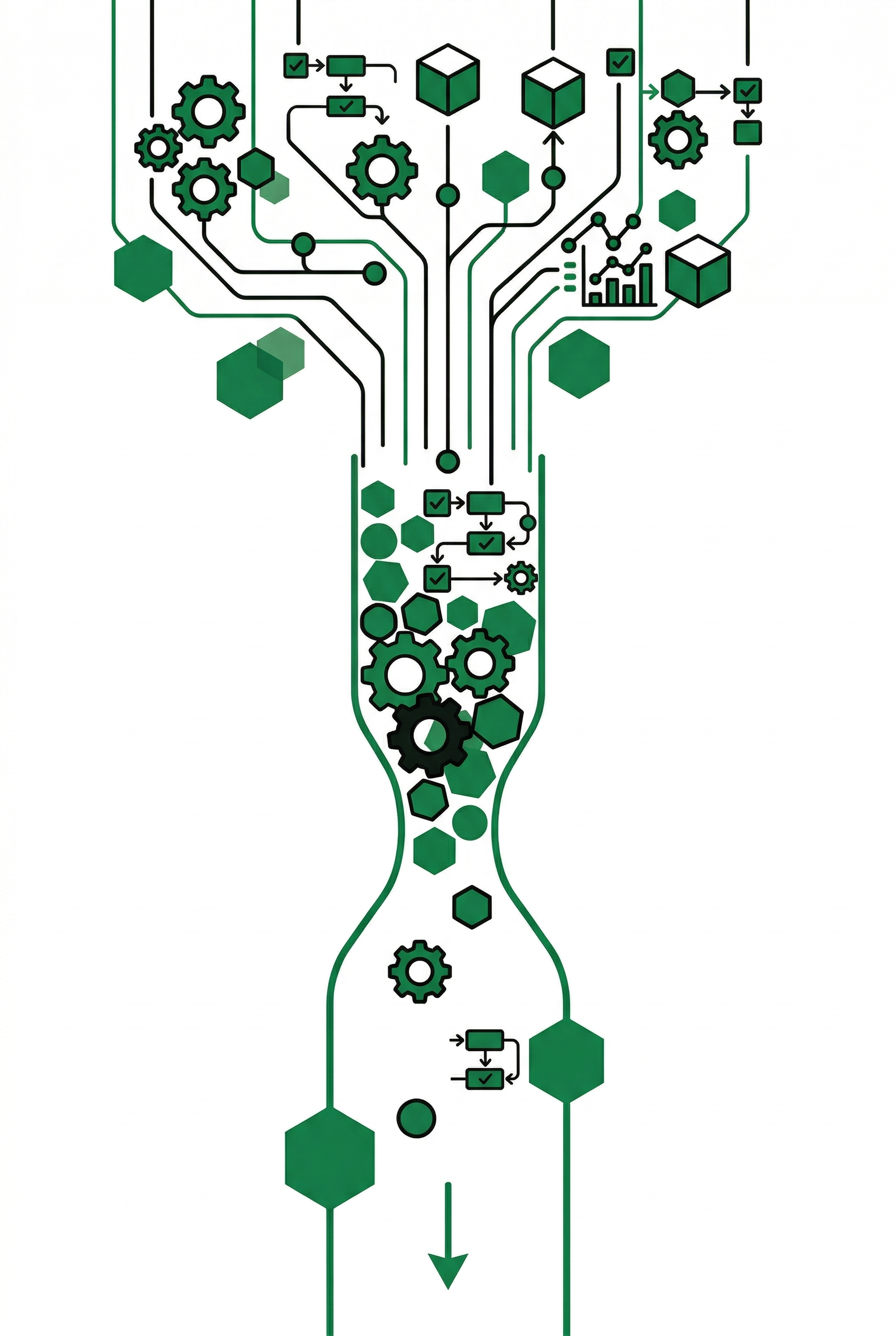 Illustration of operational bottlenecks: complex workflows and data constrict through a narrow funnel, limiting output. Business process automation and workflow structure.